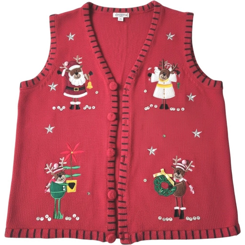 Holiday Editions Womens L/G Christmas Sweater Vest Santa Reindeer Holiday